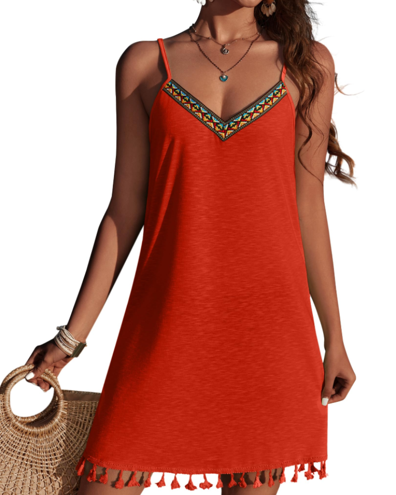 Madison Vestido Playa Mujer – Bordado Boho con V-Cuello y Tirantes Ajustables
