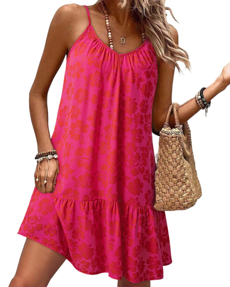 Hannah Vestido Mini Mujer – Floral Boho, Escote en V, Tirantes y Bajo con Volante