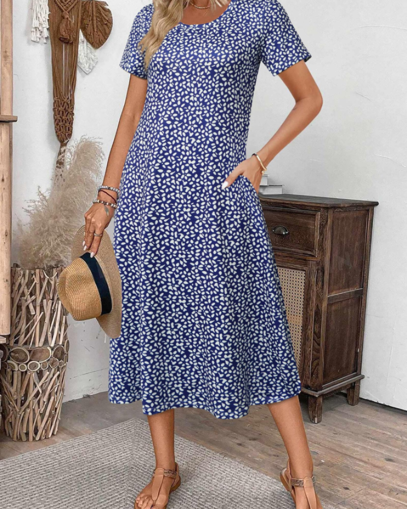 Nina Vestido Midi Mujer – Floral, Manga Corta, Cuello Redondo y Corte Holgado