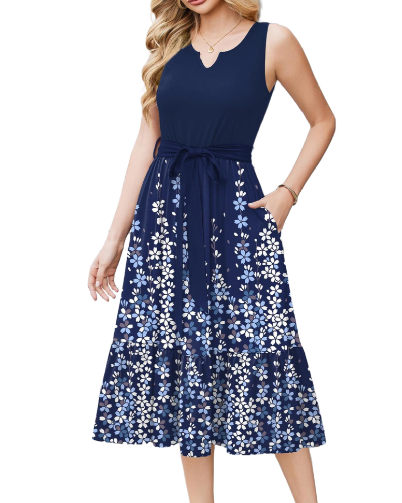Lydia Vestido Midi Mujer – Sin Mangas, Escote en V, Cinturón y Bolsillos