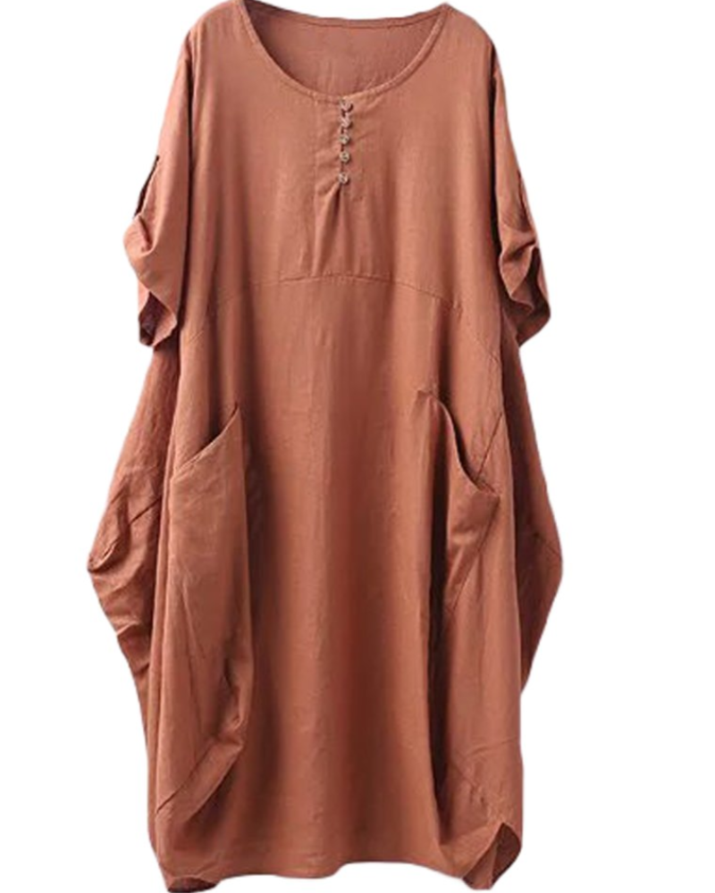 Marina Vestido Camiseta Mujer – Mezcla Lino, Bolsillos Grandes y Botones