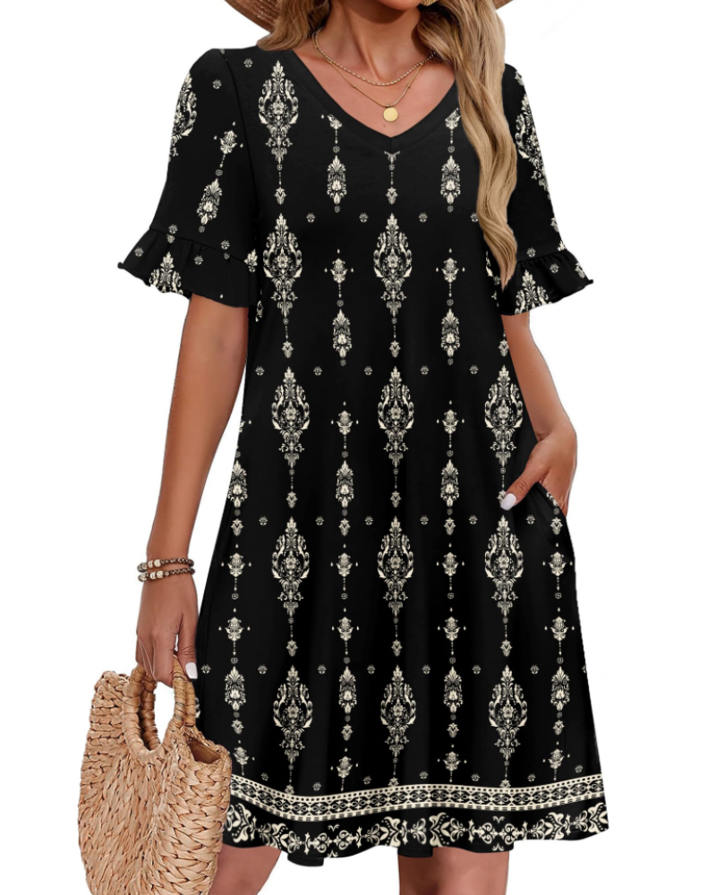 Clara Vestido Mujer – Corte Línea A, Escote en V, Manga Volante y Bolsillos