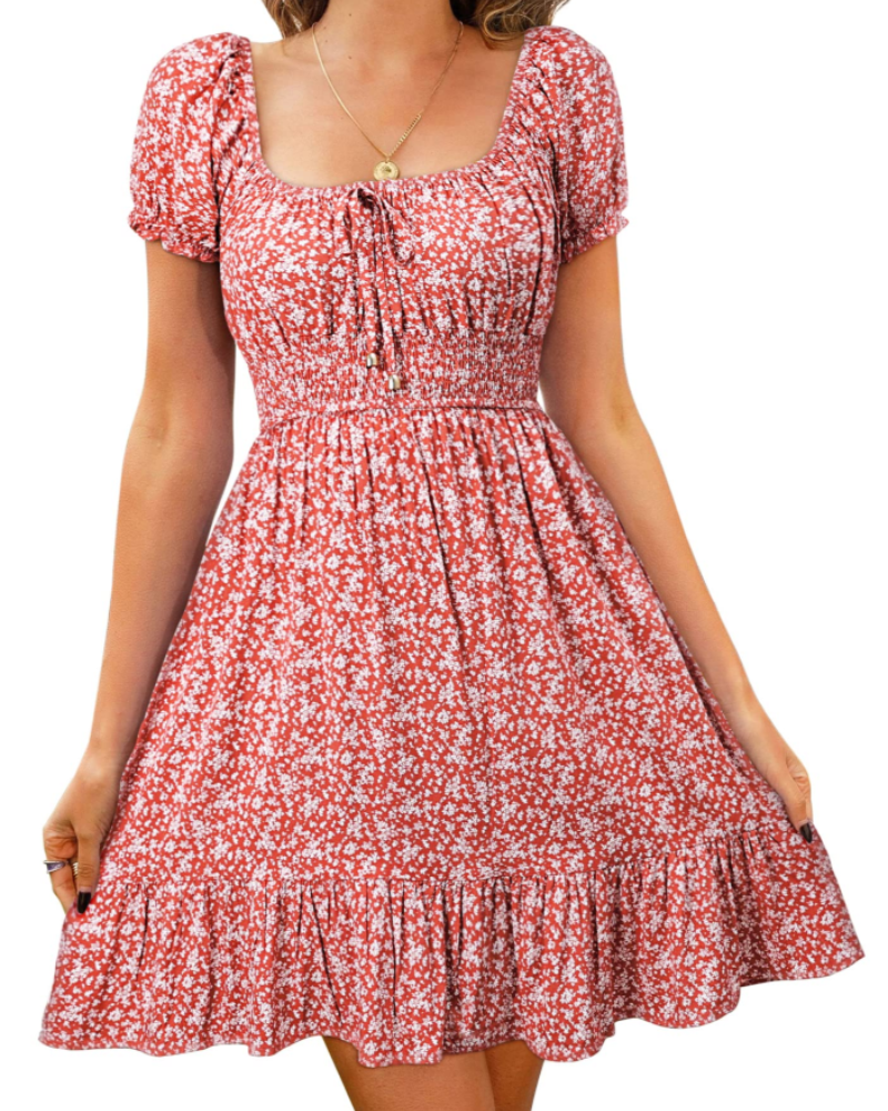 Stella Vestido Mini Mujer – Floral con Manga Abullonada y Espalda Abierta