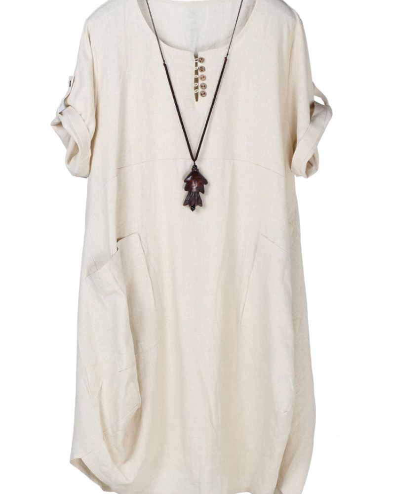 Marina Vestido Camiseta Mujer – Mezcla Lino, Bolsillos Grandes y Botones