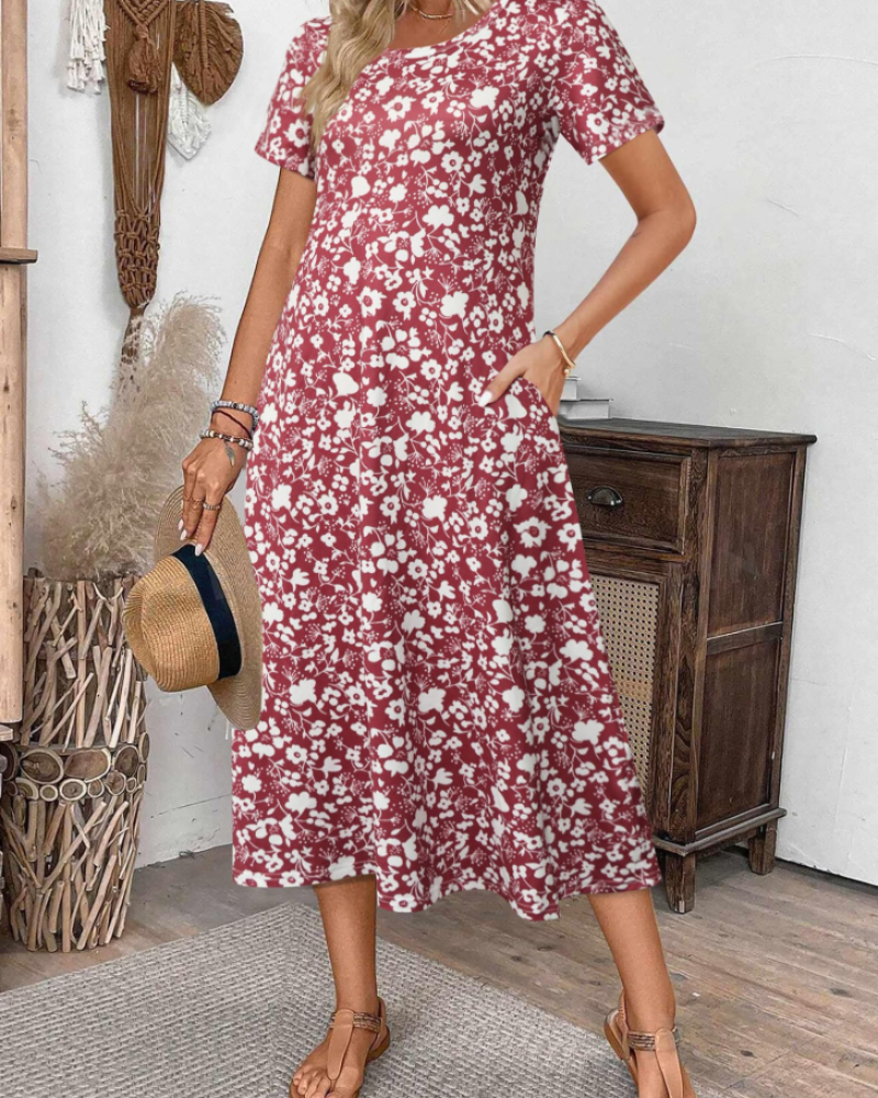 Nina Vestido Midi Mujer – Floral, Manga Corta, Cuello Redondo y Corte Holgado