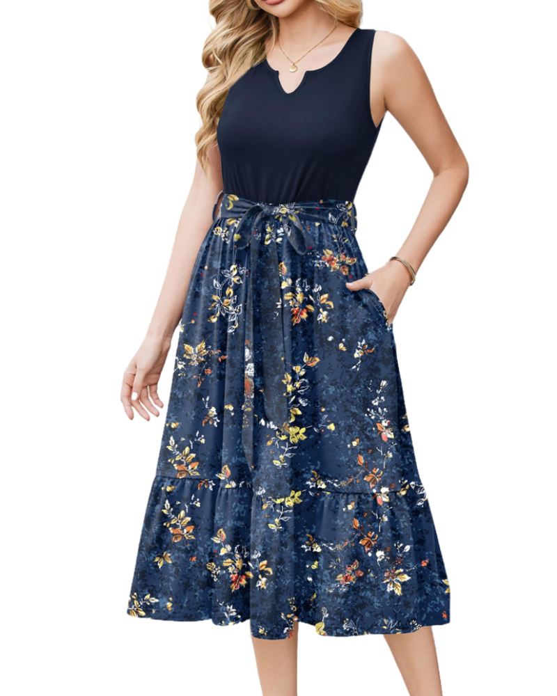 Lydia Vestido Midi Mujer – Sin Mangas, Escote en V, Cinturón y Bolsillos