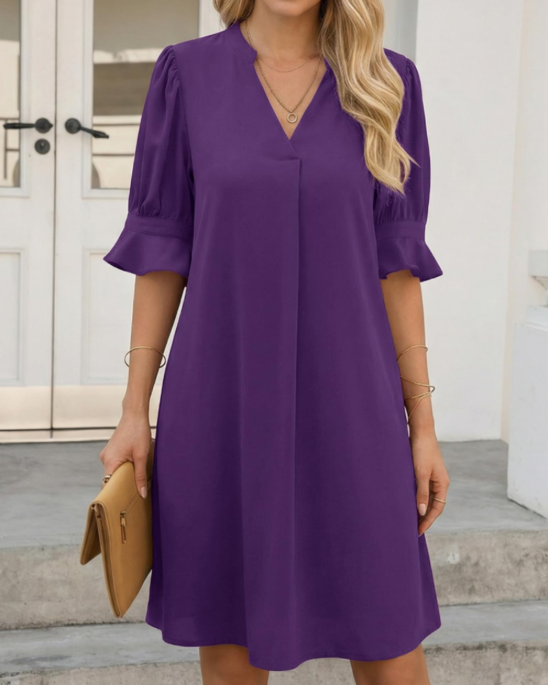 Claire Vestido Midi Mujer – V-Cuello con Mangas de Volantes y Corte Suelto