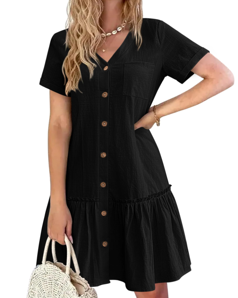 Daisy Vestido de Lino Mujer – Vestido de Verano Ligero con Cuello V y Botones de Madera