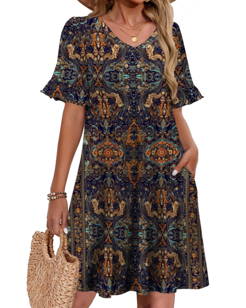 Clara Vestido Mujer – Corte Línea A, Escote en V, Manga Volante y Bolsillos