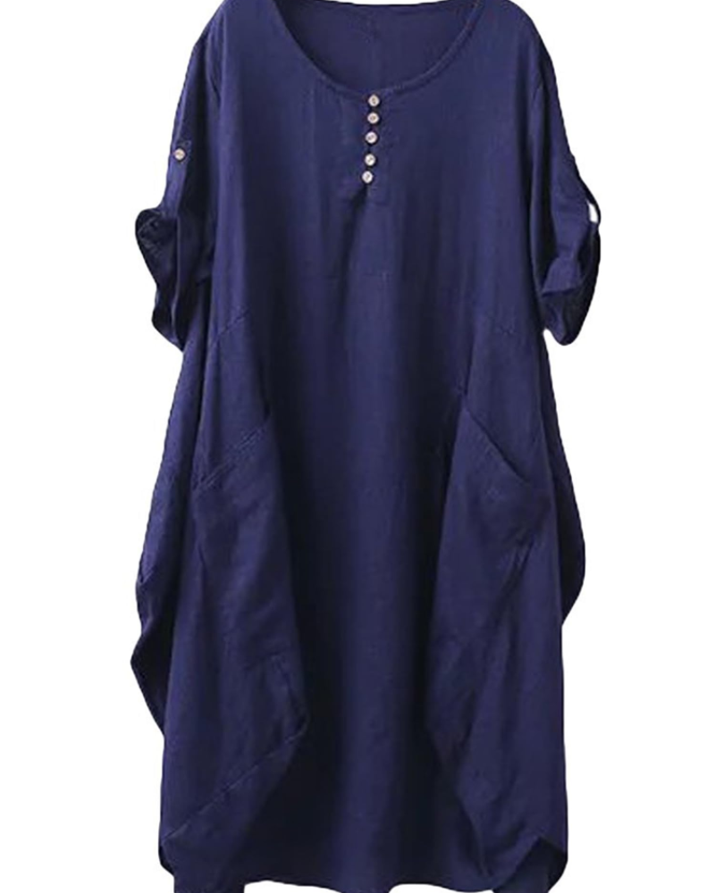 Marina Vestido Camiseta Mujer – Mezcla Lino, Bolsillos Grandes y Botones