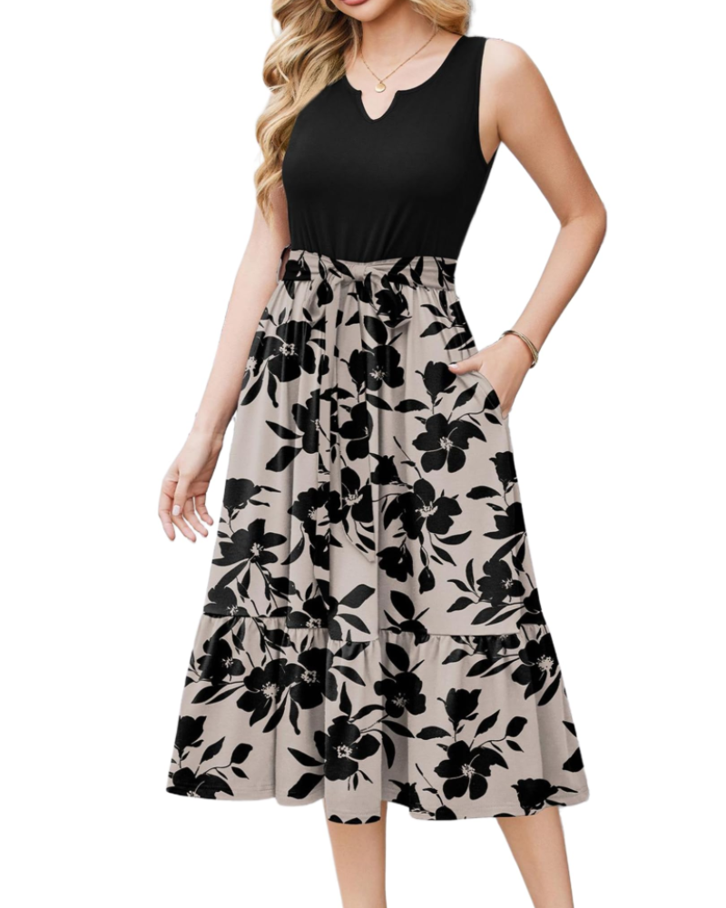 Lydia Vestido Midi Mujer – Sin Mangas, Escote en V, Cinturón y Bolsillos