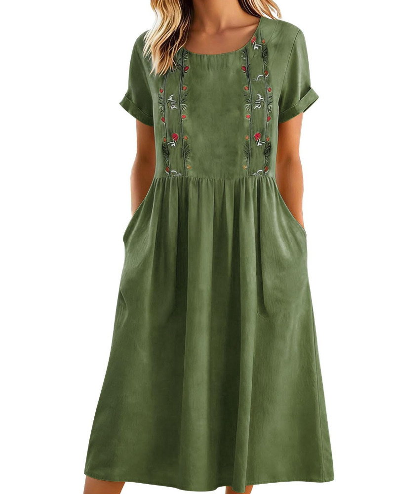 Nadine Vestido Midi Mujer – Algodón Lino, Bordado Floral, Línea A y Bolsillos