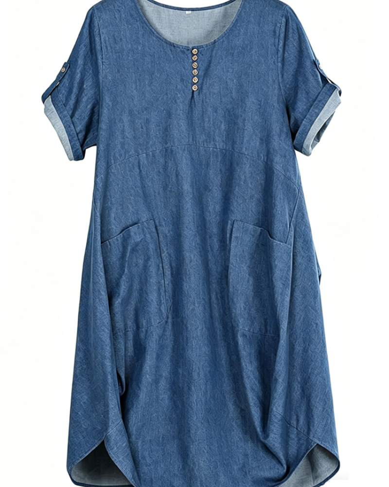 Marina Vestido Camiseta Mujer – Mezcla Lino, Bolsillos Grandes y Botones
