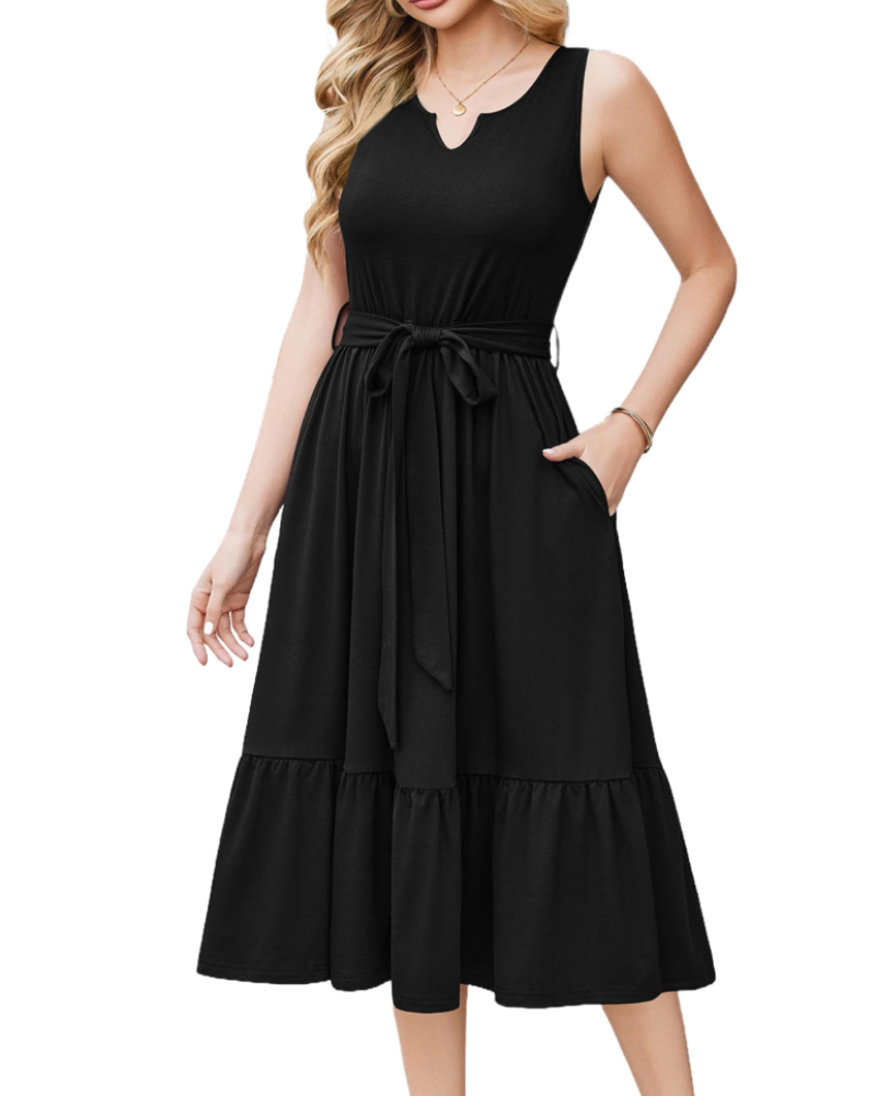 Lydia Vestido Midi Mujer – Sin Mangas, Escote en V, Cinturón y Bolsillos
