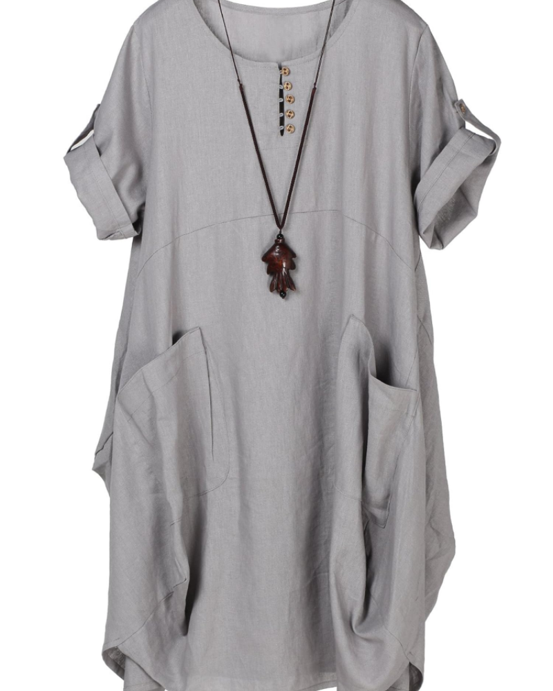 Marina Vestido Camiseta Mujer – Mezcla Lino, Bolsillos Grandes y Botones