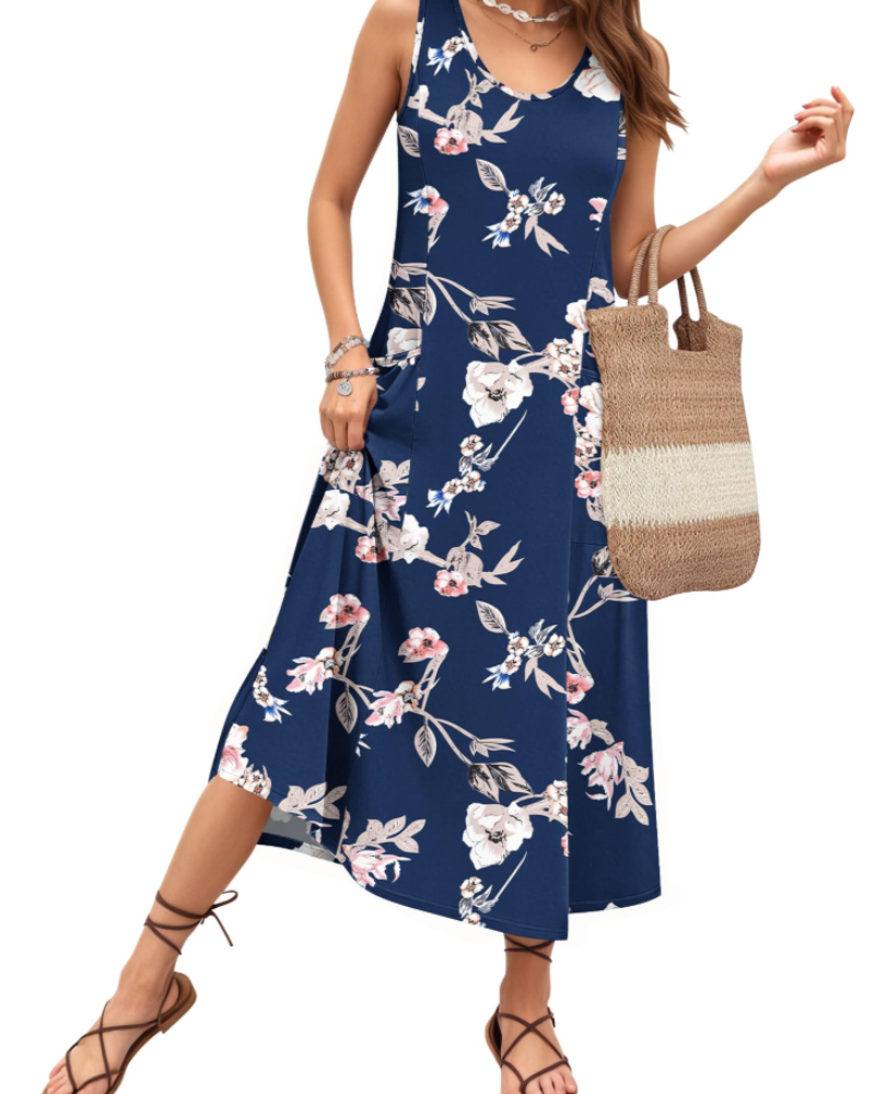 Isabella Vestido Maxi Mujer – Sin Mangas, Cuello U, Corte Línea A y Bolsillos