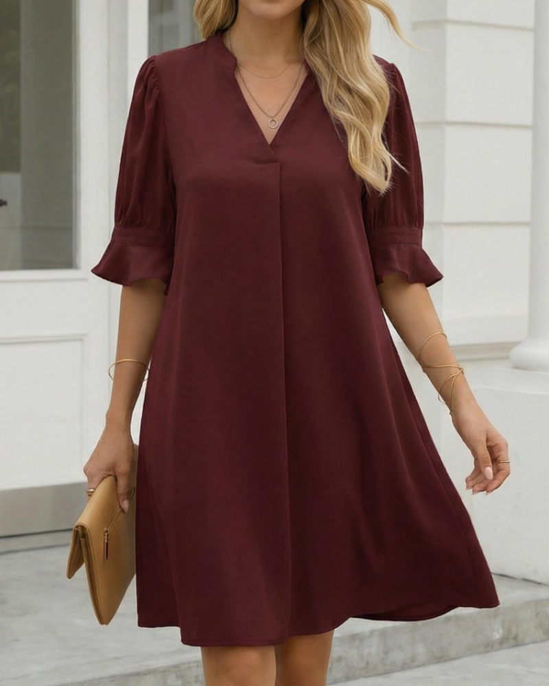 Claire Vestido Midi Mujer – V-Cuello con Mangas de Volantes y Corte Suelto