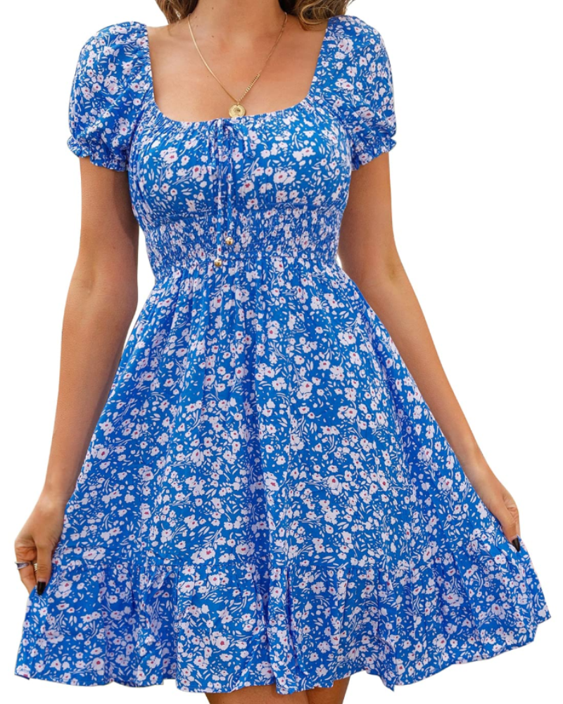 Stella Vestido Mini Mujer – Floral con Manga Abullonada y Espalda Abierta