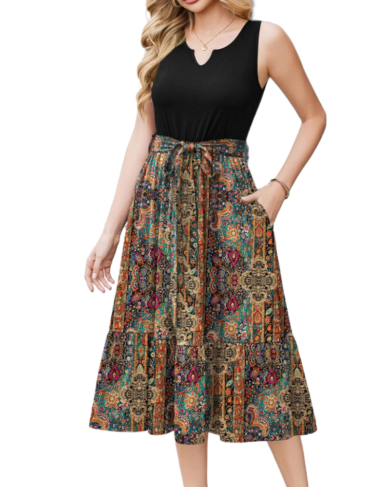 Lydia Vestido Midi Mujer – Sin Mangas, Escote en V, Cinturón y Bolsillos