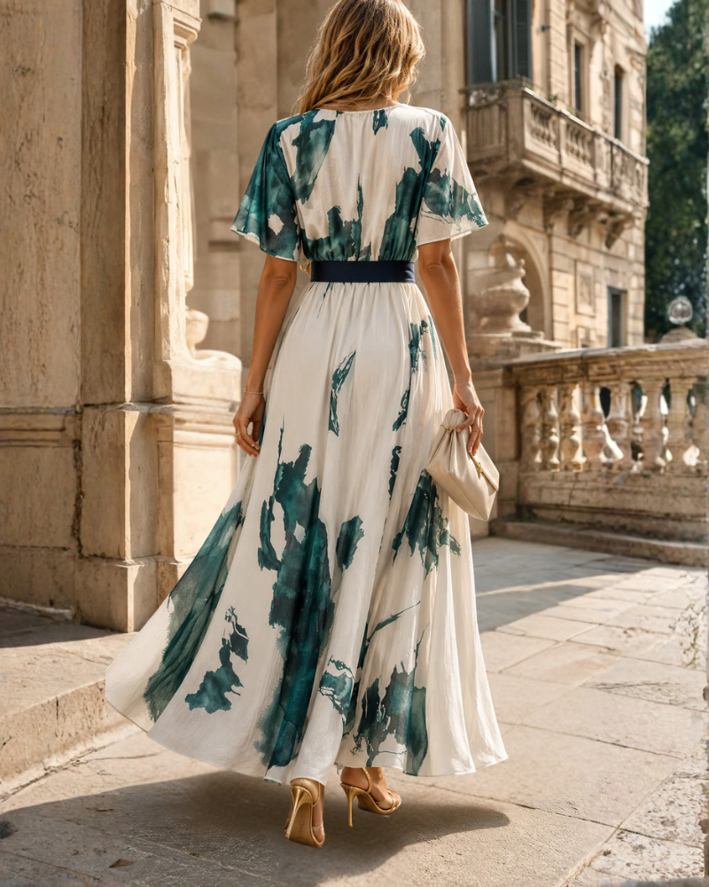 Eleanor Vestido Maxi Mujer – Estampado Verde, Escote Cruzado y Cintura Ajustable