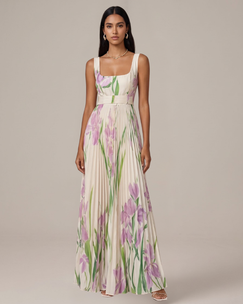 Natalie Vestido Maxi Floral Mujer – Falda Plisada y Tejido Ligero