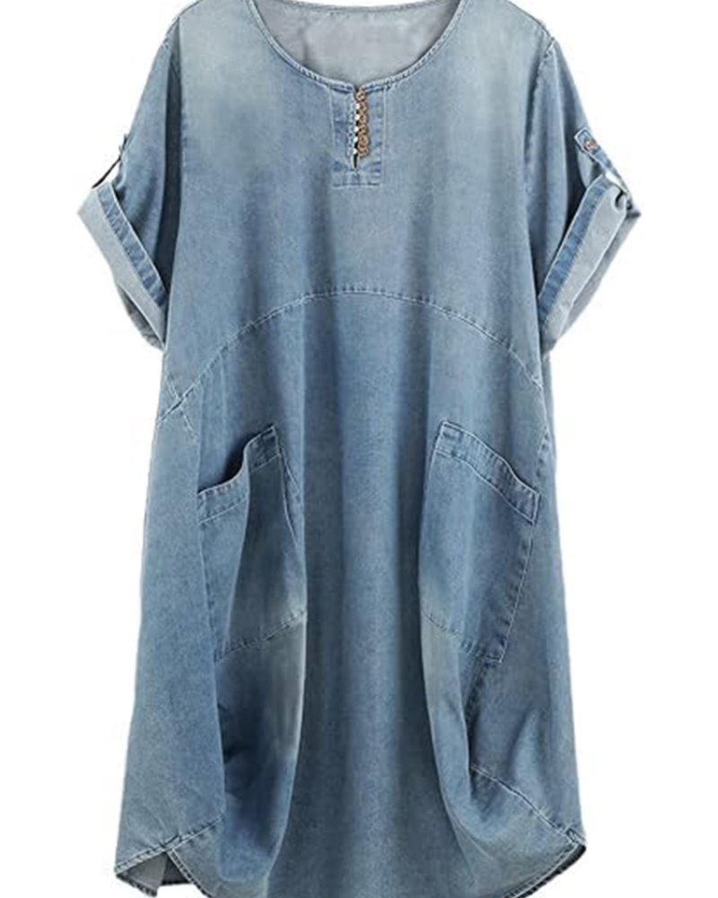 Marina Vestido Camiseta Mujer – Mezcla Lino, Bolsillos Grandes y Botones