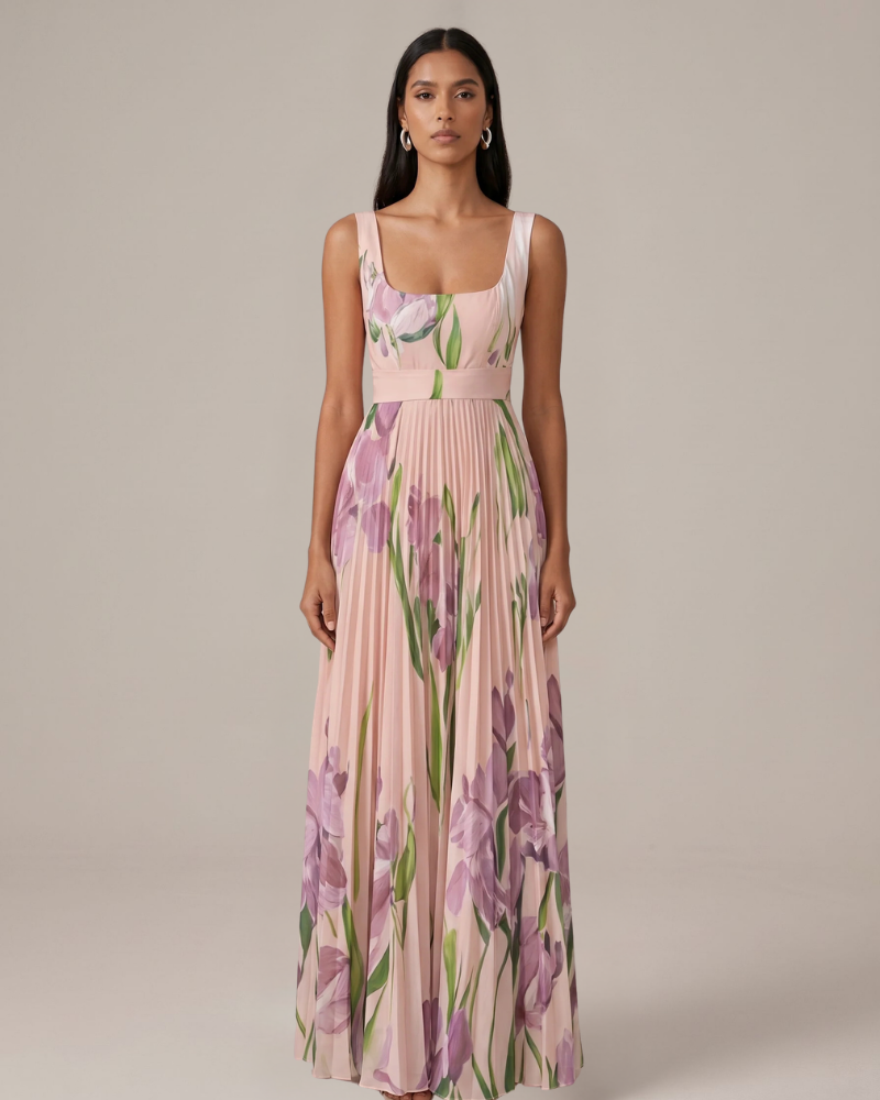 Natalie Vestido Maxi Floral Mujer – Falda Plisada y Tejido Ligero