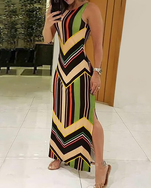 Brooke Women’s Maxi Dress – Striped Print, Sleeveless, Side Slit, and Elegant Cut