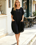 Marina Vestido Camiseta Mujer – Mezcla Lino, Bolsillos Grandes y Botones