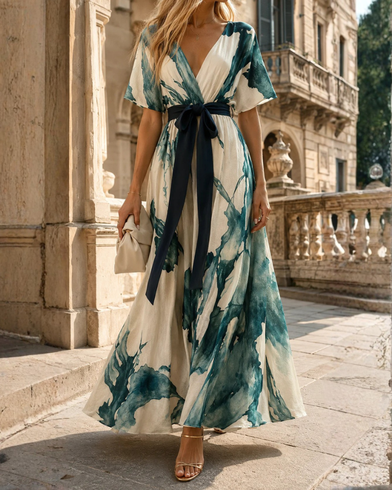 Eleanor Vestido Maxi Mujer – Estampado Verde, Escote Cruzado y Cintura Ajustable