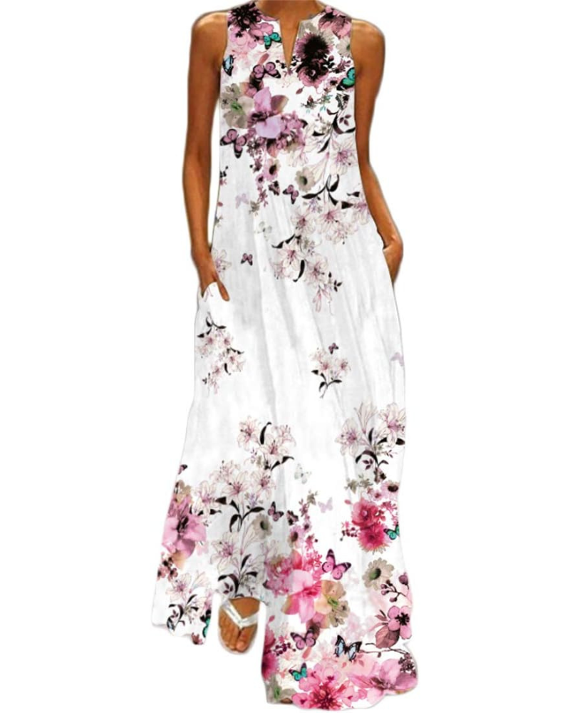 Tessa Vestito Maxi Donna – Stampa Farfalla Floreale, Scollo a V e Tasche