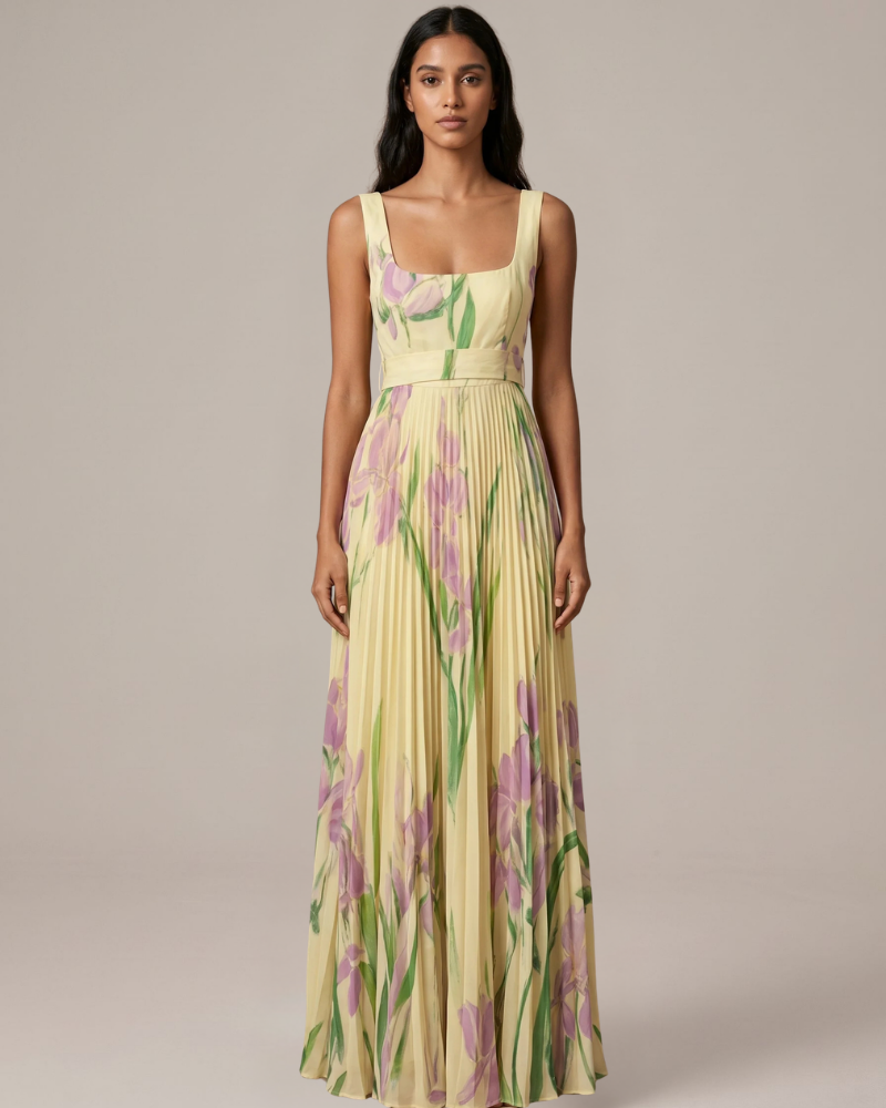 Natalie Vestido Maxi Floral Mujer – Falda Plisada y Tejido Ligero