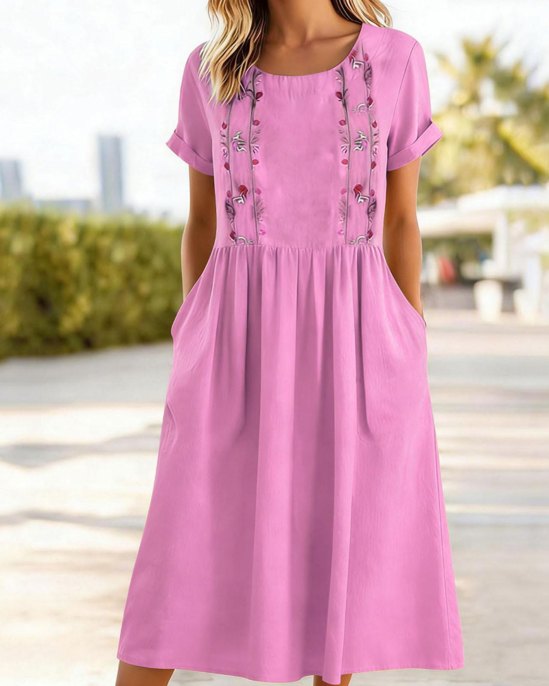 Nadine Vestido Midi Mujer – Algodón Lino, Bordado Floral, Línea A y Bolsillos