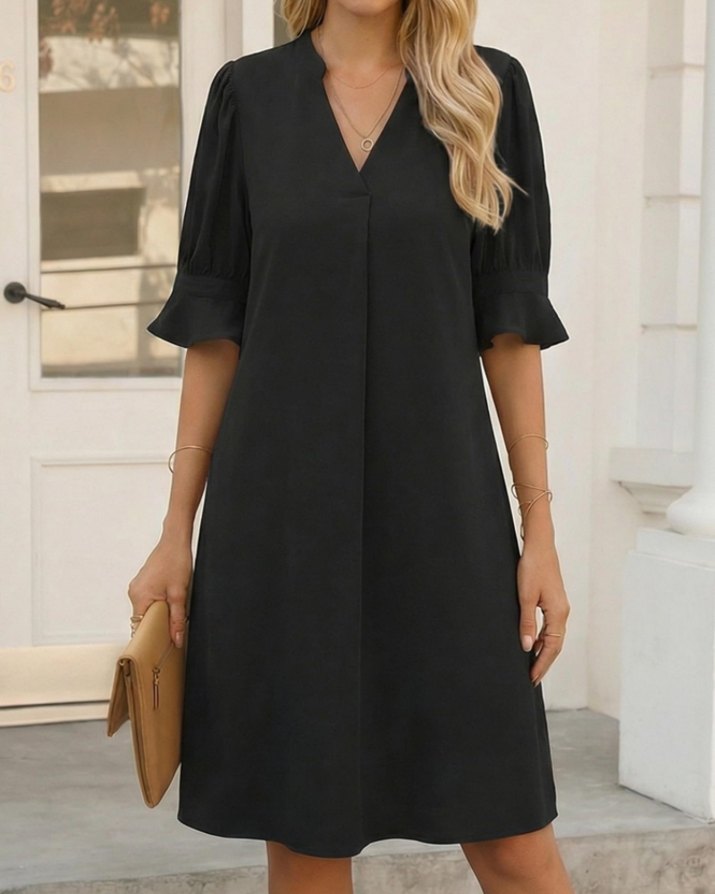 Claire Vestido Midi Mujer – V-Cuello con Mangas de Volantes y Corte Suelto