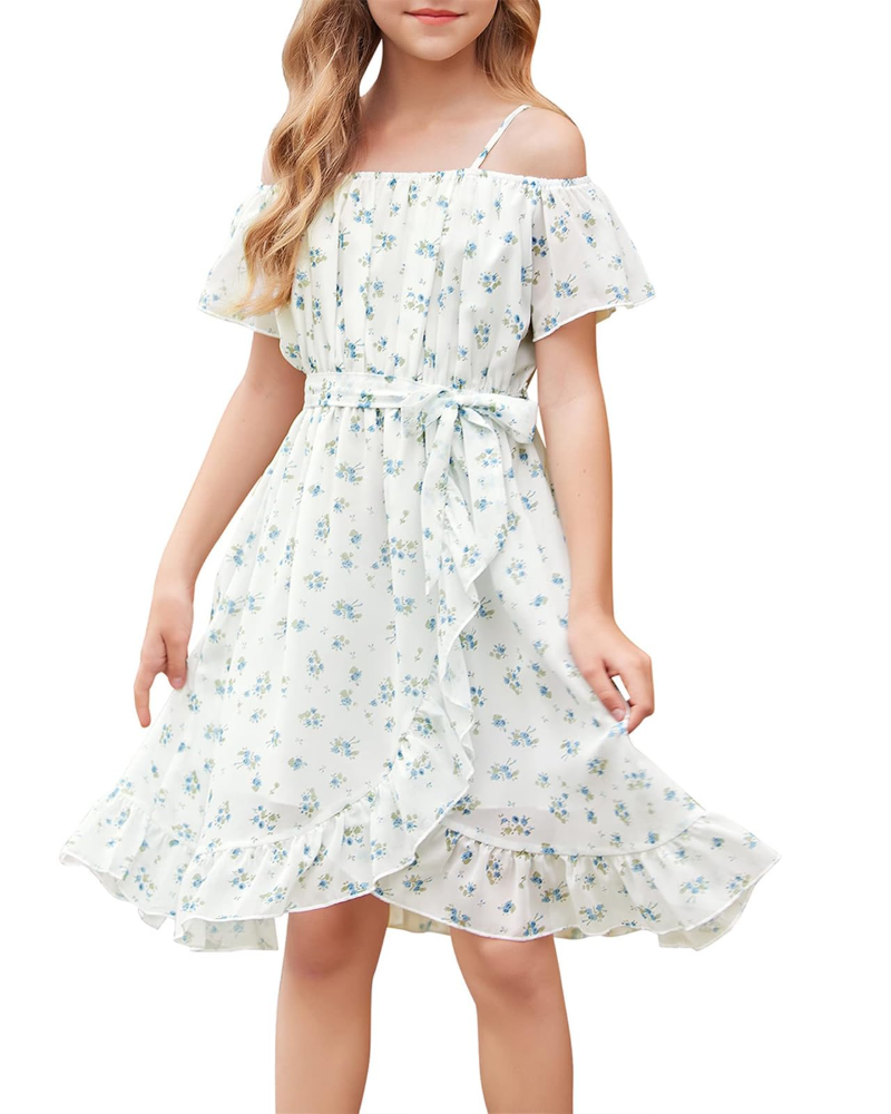 Maisie Vestido Niña Chifón Floral – Tirantes Ajustables, Cinturón y Largo Rodilla