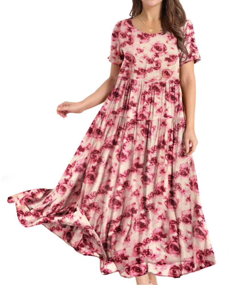 Amelia Vestido Maxi Mujer – Floral Boho, Cintura Imperio, Falda Escalonada y Bolsillos