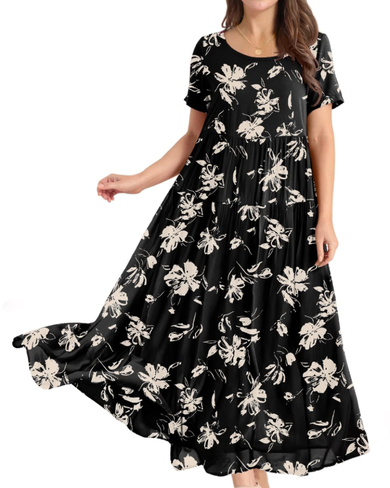 Amelia Vestido Maxi Mujer – Floral Boho, Cintura Imperio, Falda Escalonada y Bolsillos