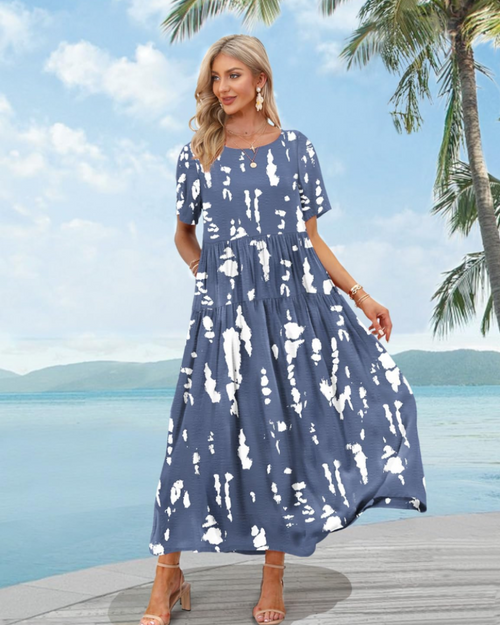 Amelia Vestido Maxi Mujer – Floral Boho, Cintura Imperio, Falda Escalonada y Bolsillos