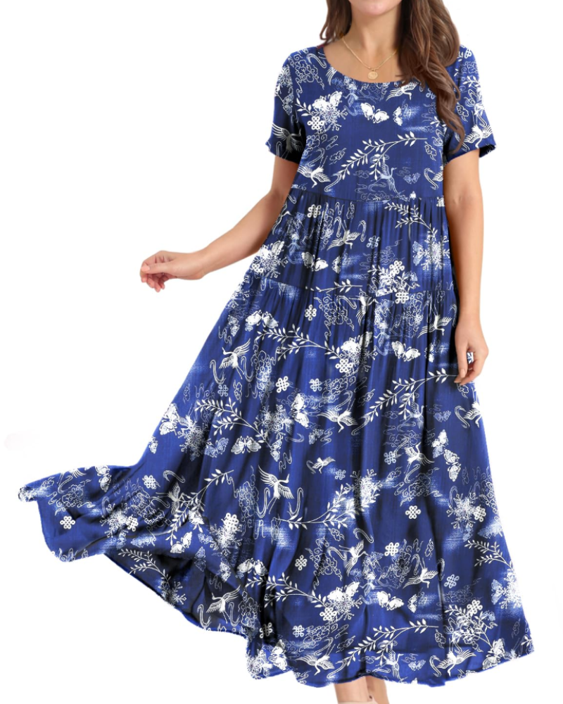 Amelia Vestido Maxi Mujer – Floral Boho, Cintura Imperio, Falda Escalonada y Bolsillos