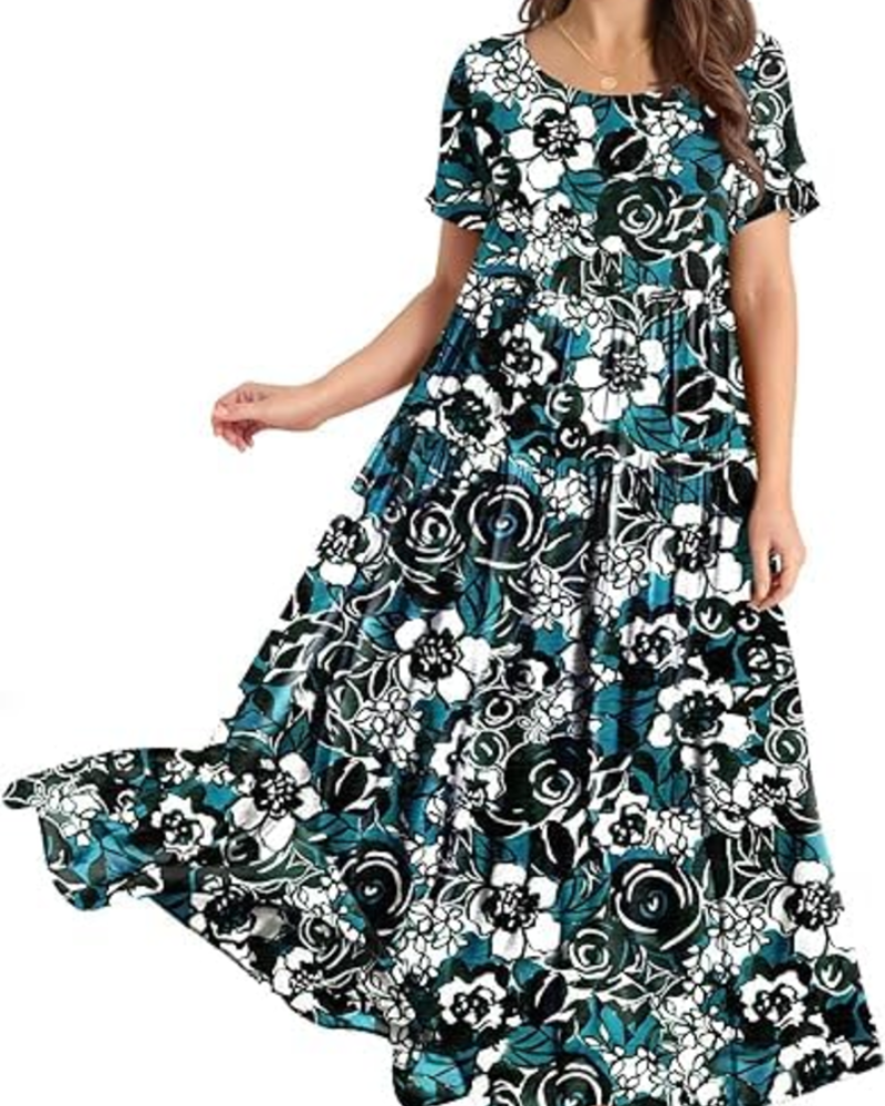 Amelia Vestido Maxi Mujer – Floral Boho, Cintura Imperio, Falda Escalonada y Bolsillos