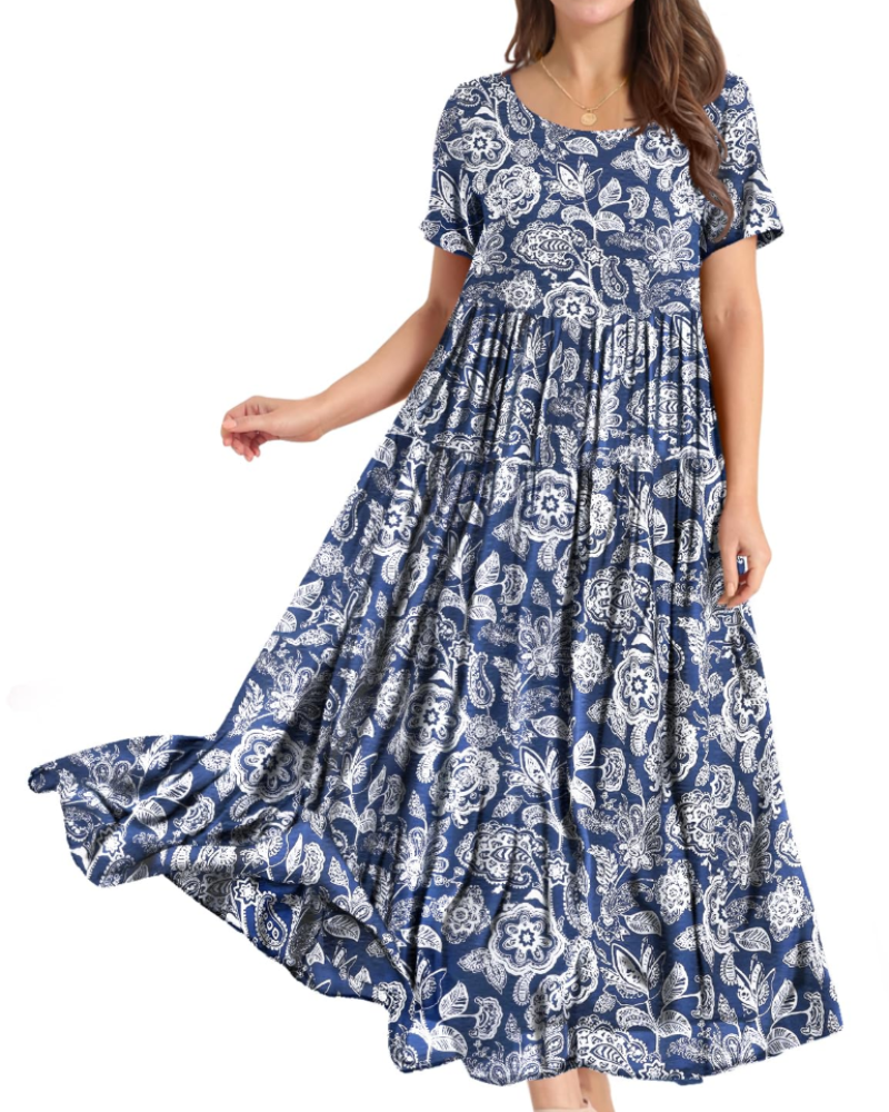 Amelia Vestido Maxi Mujer – Floral Boho, Cintura Imperio, Falda Escalonada y Bolsillos