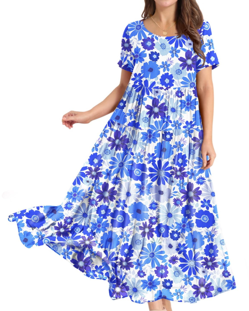 Amelia Vestido Maxi Mujer – Floral Boho, Cintura Imperio, Falda Escalonada y Bolsillos