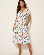 Hazel Women’s Floral Midi Dress – Round Neck, Side Pockets and Flowy Fit