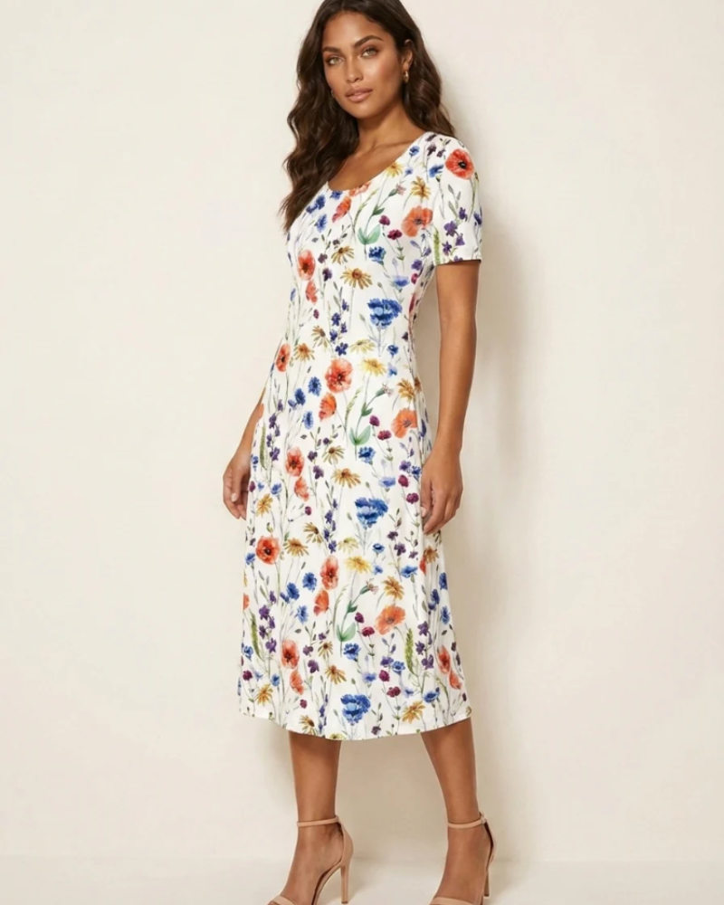 Hazel Women’s Floral Midi Dress – Round Neck, Side Pockets and Flowy Fit