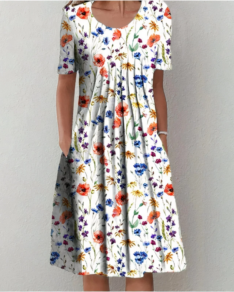 Hazel Women’s Floral Midi Dress – Round Neck, Side Pockets and Flowy Fit