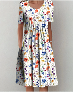 Hazel Women’s Floral Midi Dress – Round Neck, Side Pockets and Flowy Fit