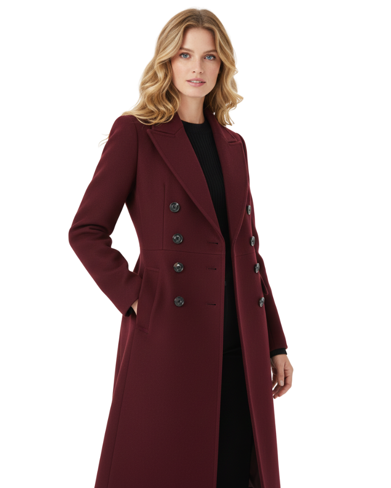 Vian Manteau Long en Laine pour Femme – Manteau Bordeaux Élégant Double Boutonnage