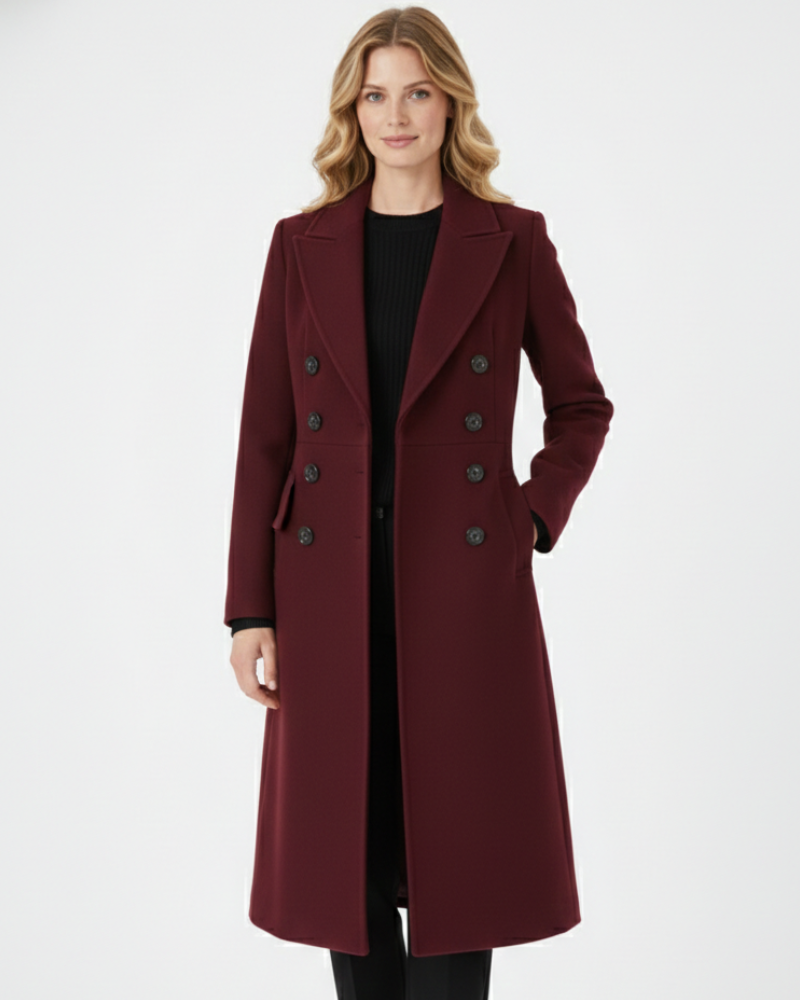Vian Manteau Long en Laine pour Femme – Manteau Bordeaux Élégant Double Boutonnage