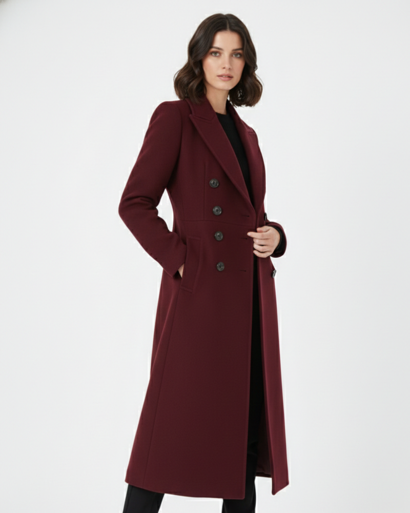 Vian Manteau Long en Laine pour Femme – Manteau Bordeaux Élégant Double Boutonnage