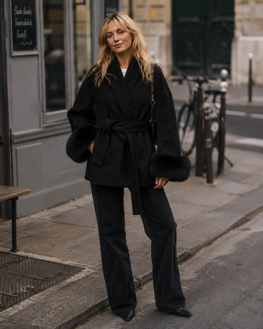 Livia Abrigo Largo Mujer – Mangas Faux Fur, Cinturón y Forro Cálido